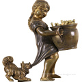 home decor metal craft bronze girl with dog sculpture
